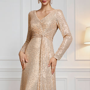 Close‑up of V‑neck bodice on BluePlum gold sequin long sleeve evening dress