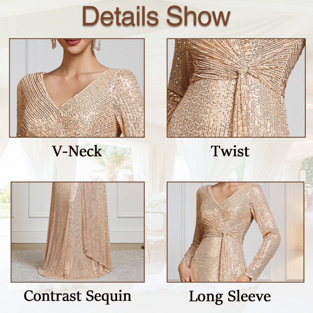 Details collage of BluePlum gold sequin long sleeve V‑neck maxi evening gown