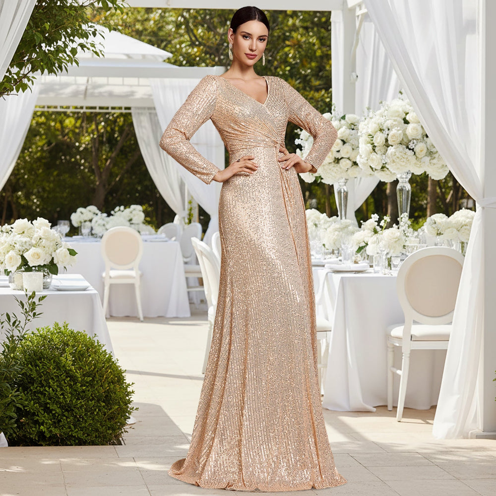 BluePlum gold sequin evening gown for wedding guest outdoor party occasion