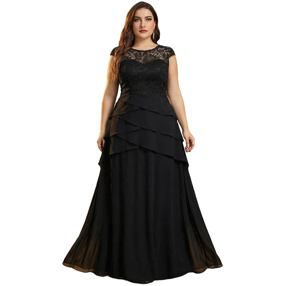 BluePlum plus‑size black lace cap‑sleeve tiered long evening gown for curvy women
