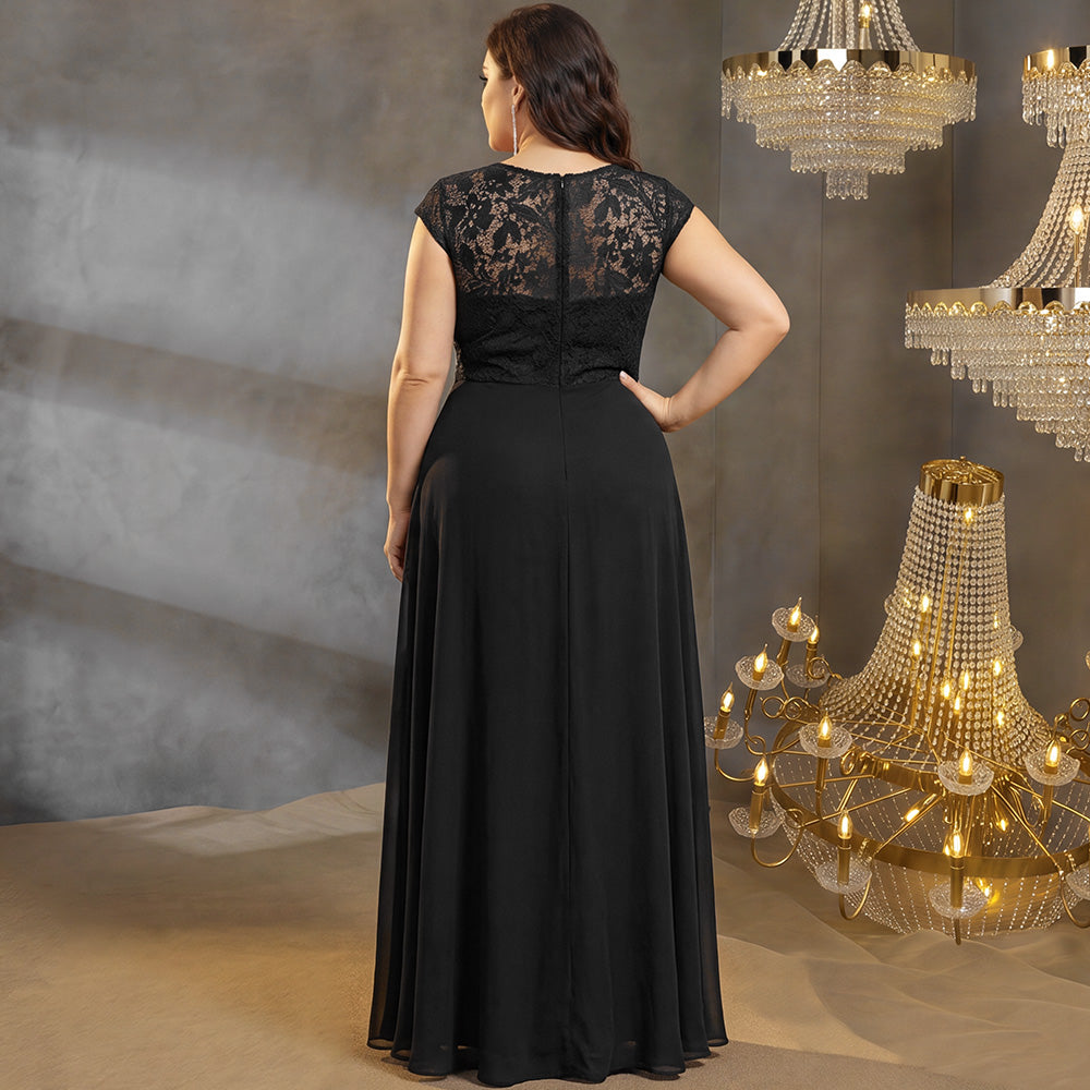 Back view plus‑size black lace tiered floor‑length evening gown