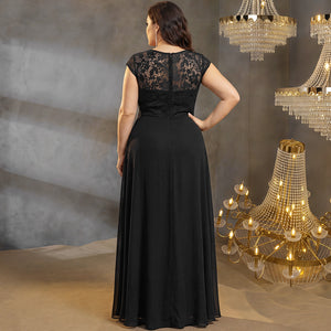Back view plus‑size black lace tiered floor‑length evening gown