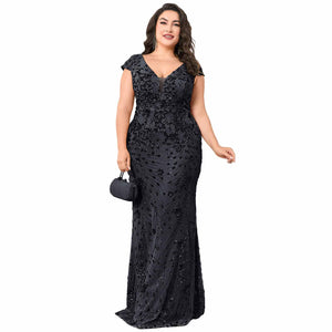 BluePlum plus‑size black V‑neck lace mermaid evening gown for formal events