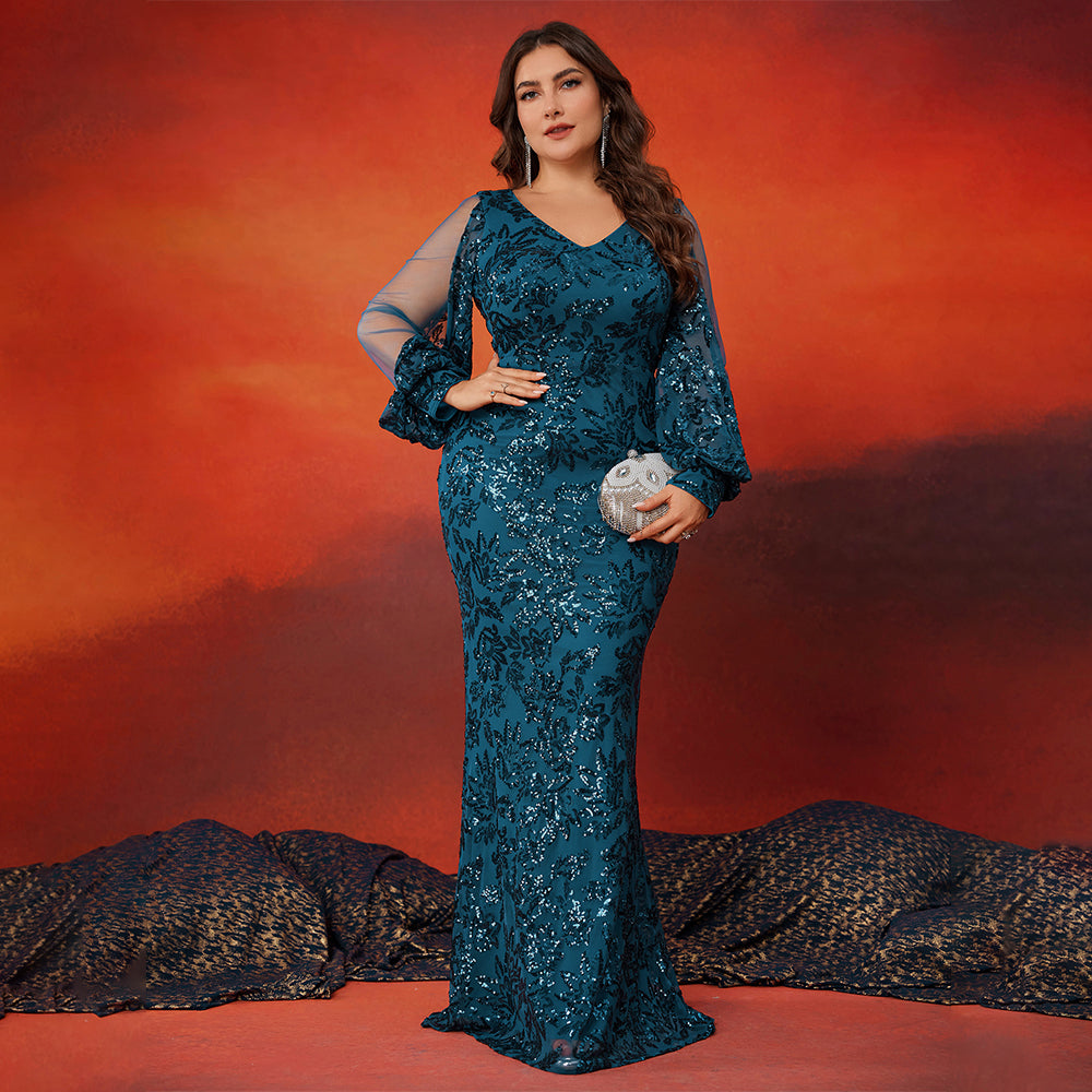 BluePlum plus‑size teal sequin mermaid evening gown with mesh long sleeves for curvy women
