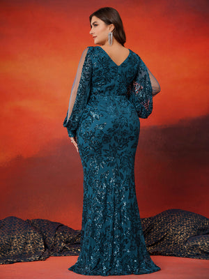 Back view of plus‑size teal sequin long sleeve mermaid formal evening gown