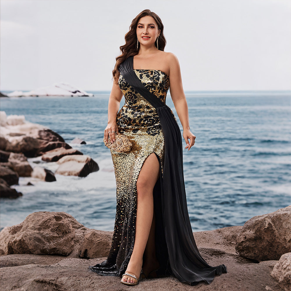 gold black sequin mermaid gown for women on model for evening events & weddings