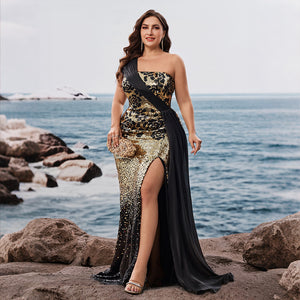 gold black sequin mermaid gown for women on model for evening events & weddings