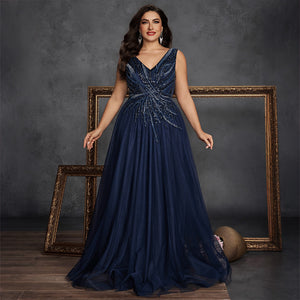navy sequin a-line gown for women on model for weddings & formal events