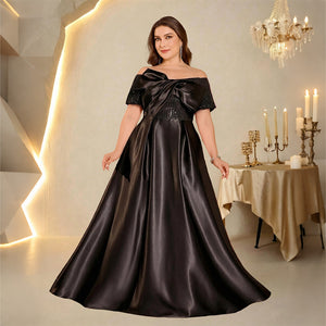 off-shoulder satin formal gown for women on model for formal events & special occasions