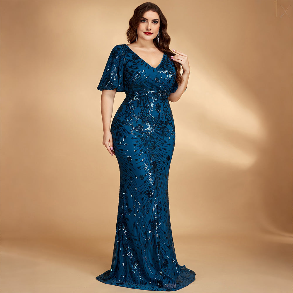 Teal Floral Sequin Plus Size Mermaid Formal Dress V Neck Short Sleeve Floor Length Evening Gown