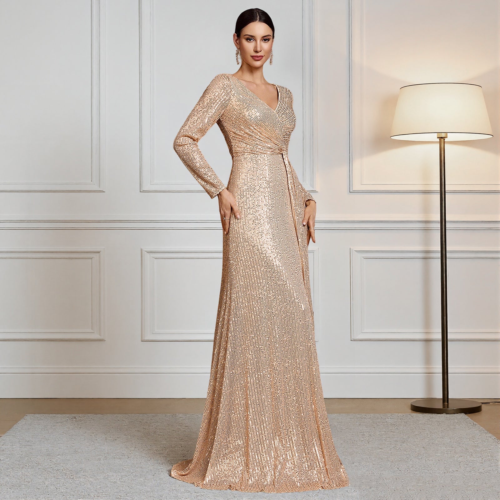 Full Length View of Champagne Gold Long Sleeve Sequin Maxi Dress