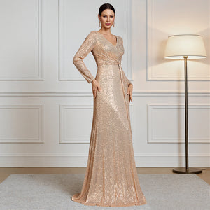 Full Length View of Champagne Gold Long Sleeve Sequin Maxi Dress