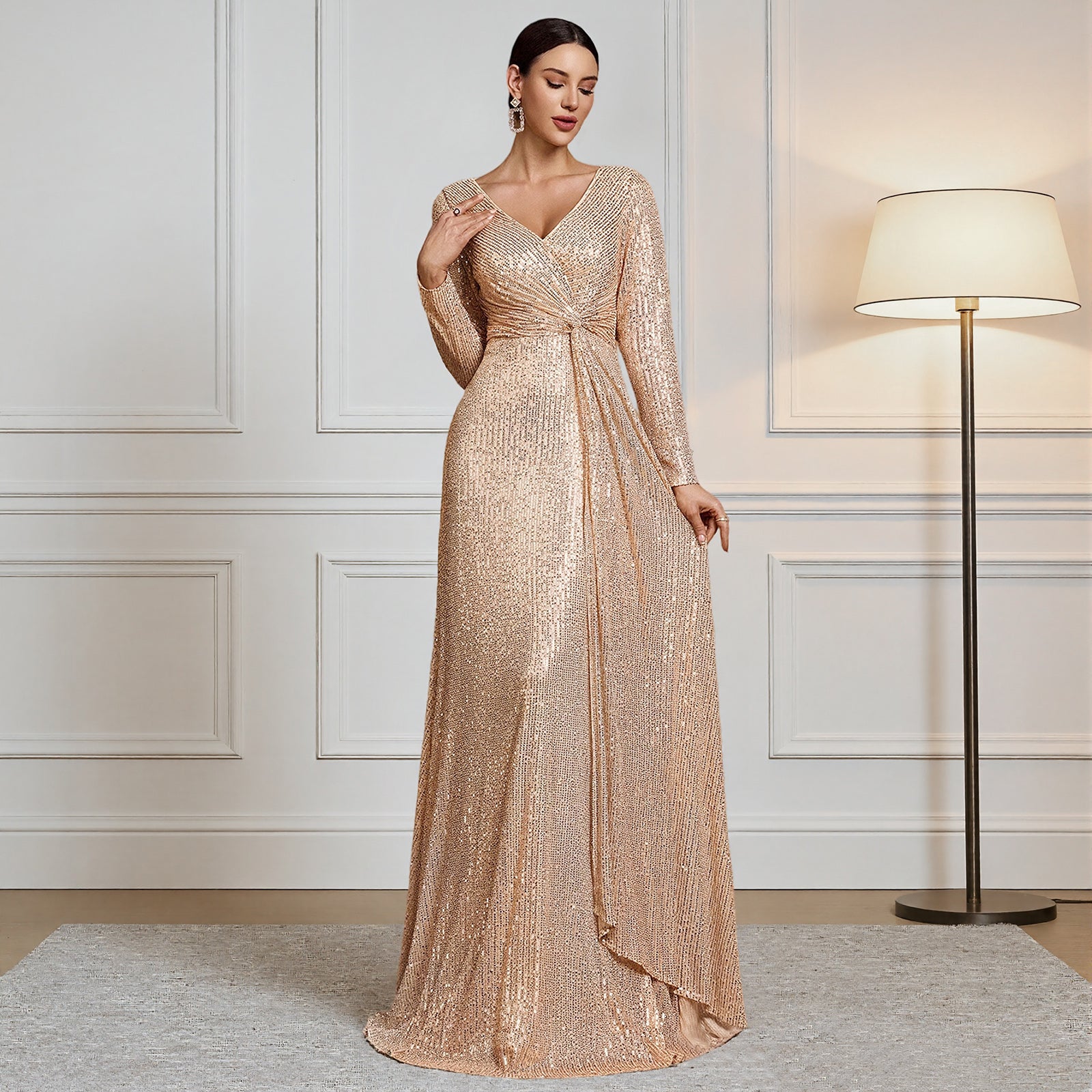 Model Wearing Champagne Gold Sequin Asymmetric Wrap Evening Dress
