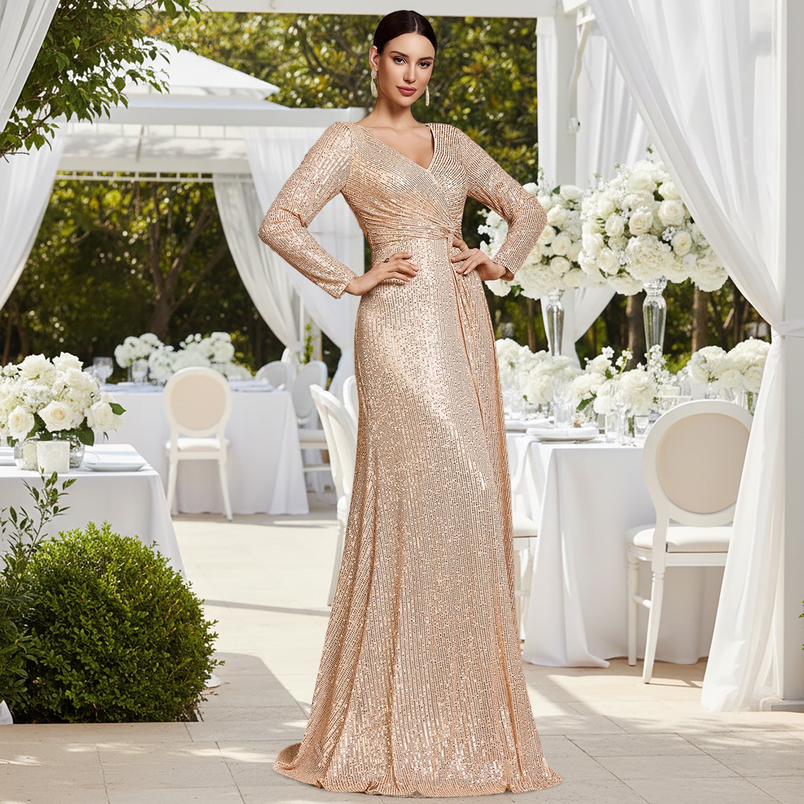 Model in Champagne Gold Long Sleeve Sequin Dress at Evening Reception