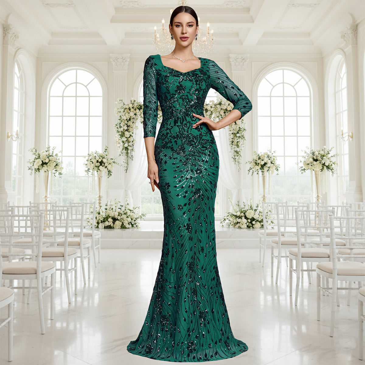 sequin embroidery 3/4 sleeve mermaid gown for women full length on model