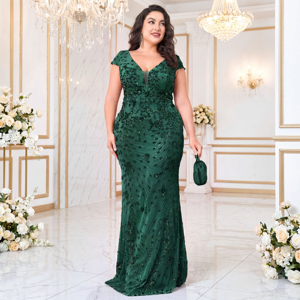 Plus Size Dark Green Sequin V-Neck Mermaid Formal Gown