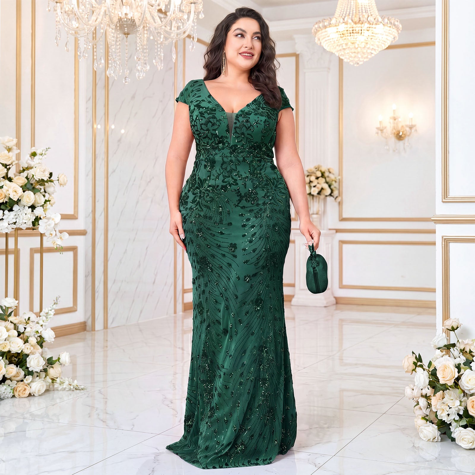 Plus Size Dark Green Sequin V-Neck Mermaid Formal Gown