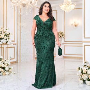 Plus Size Dark Green Sequin V-Neck Mermaid Formal Gown
