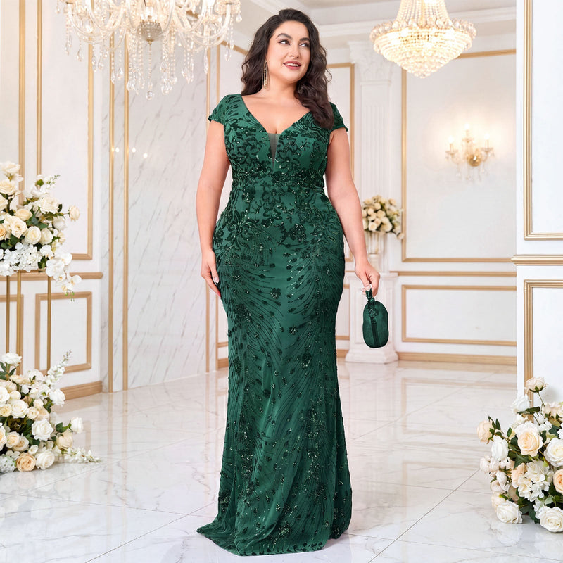 Plus‑Size Dark Green Sequin Mermaid Evening Gown V‑Neck Floor Length