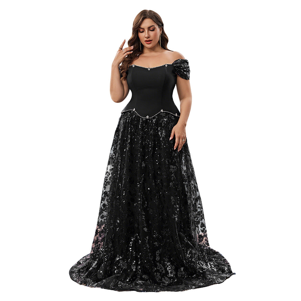 Studio shot of an elegant off-the-shoulder gown on a model, isolated on a pure white background. A formal choice for dresses for women.