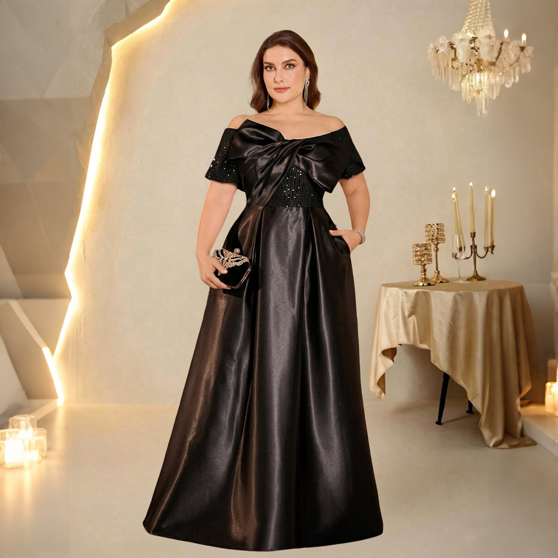 Off-the-Shoulder Satin Formal Dress Big Bow Beaded Plus Size Wedding Guest Maxi Gown