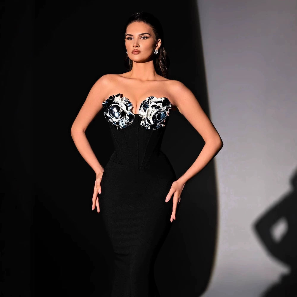 Black Strapless Mermaid Maxi Dress with Silver Floral Accents