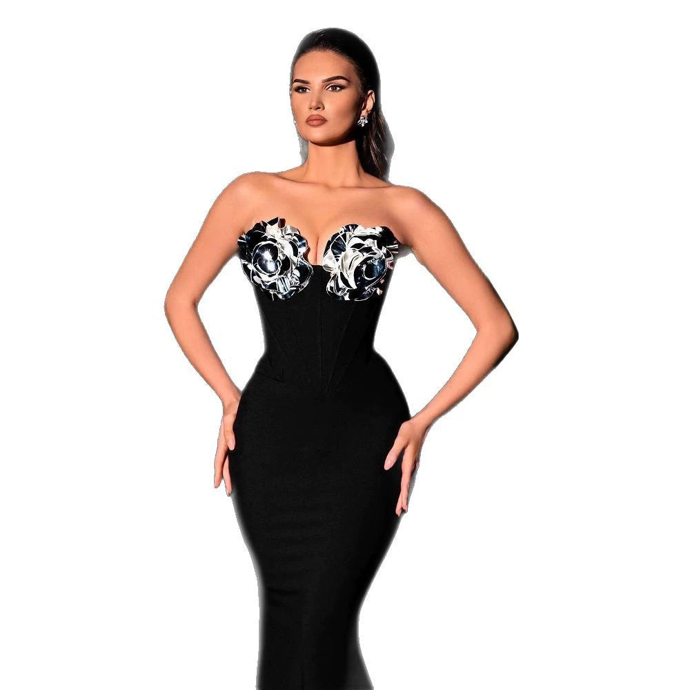 Black Strapless Mermaid Maxi Dress with Silver Floral Accents