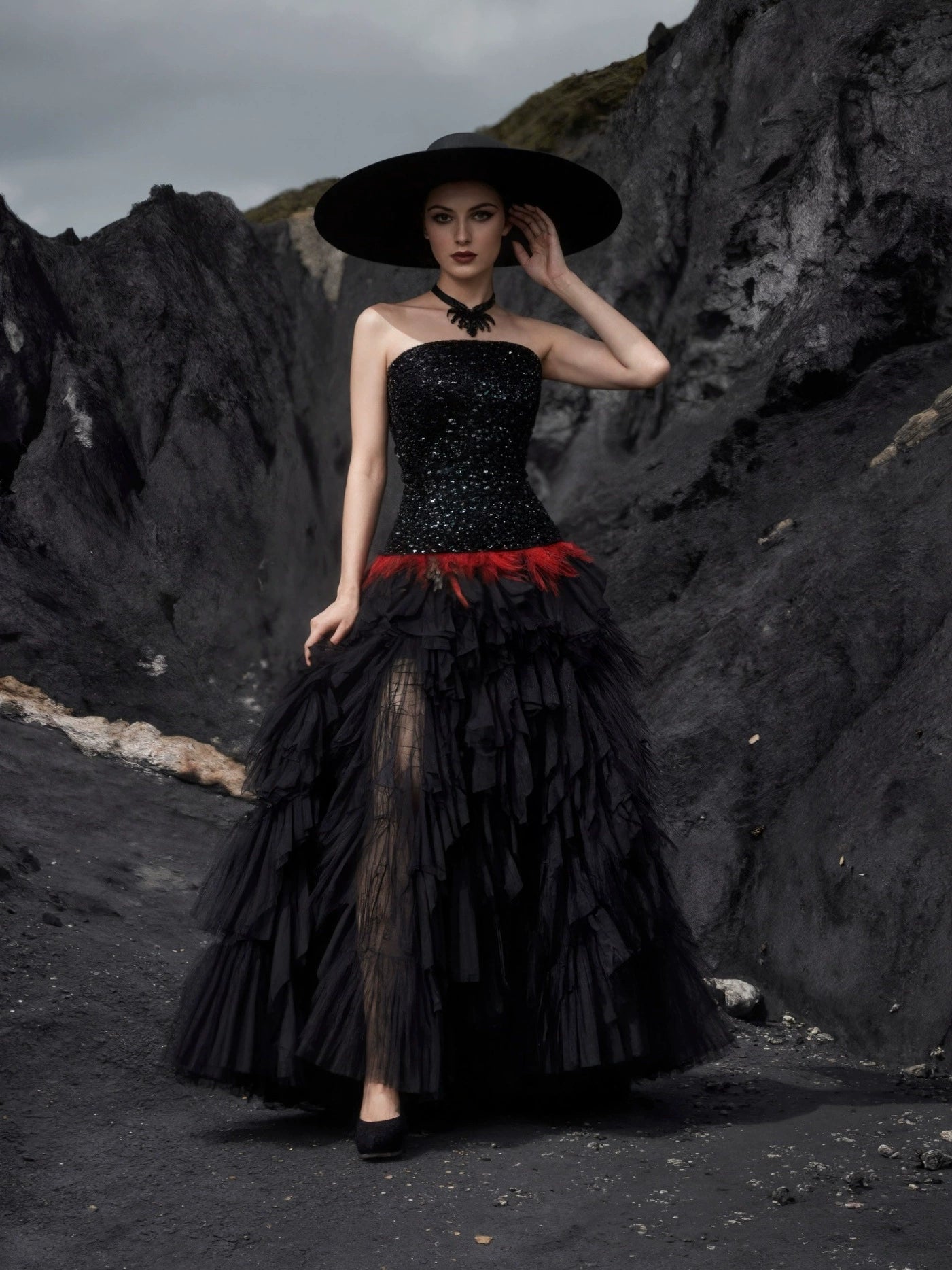 Sequin Strapless Gown — Feather Accents, Layered Organza & Gothic Romance