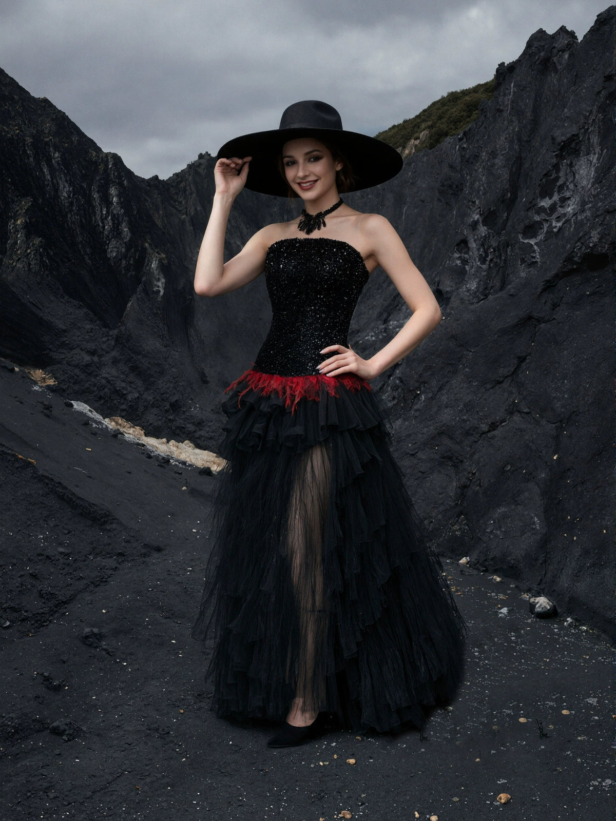 Strapless Black Sequin Gown with Red Feather Waistline and Layered Tulle