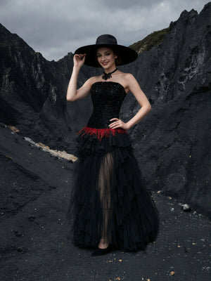 Strapless Black Sequin Gown with Red Feather Waistline and Layered Tulle