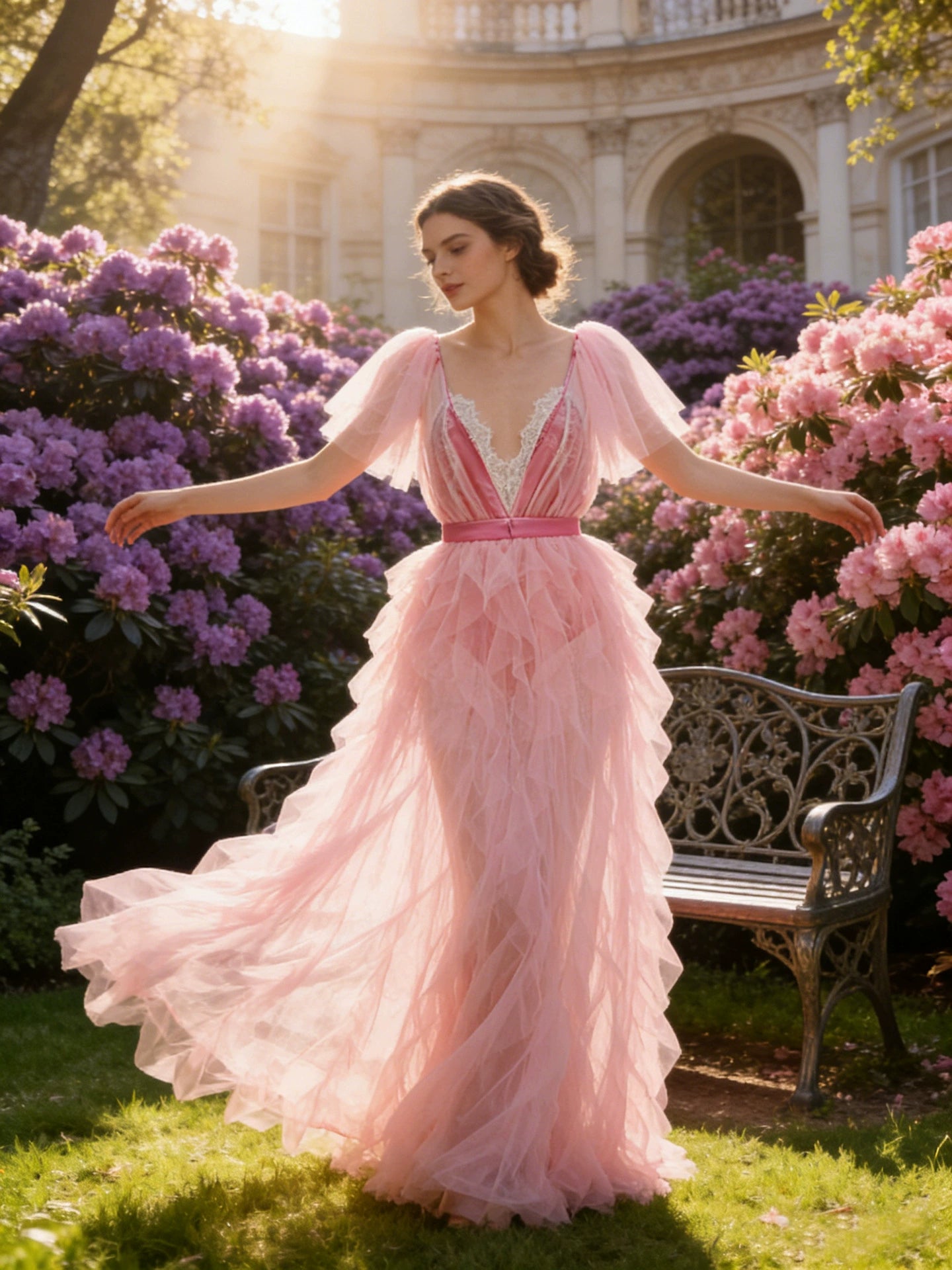 Deep V Tulle Maxi Dress — Feathered Ruffle Hem