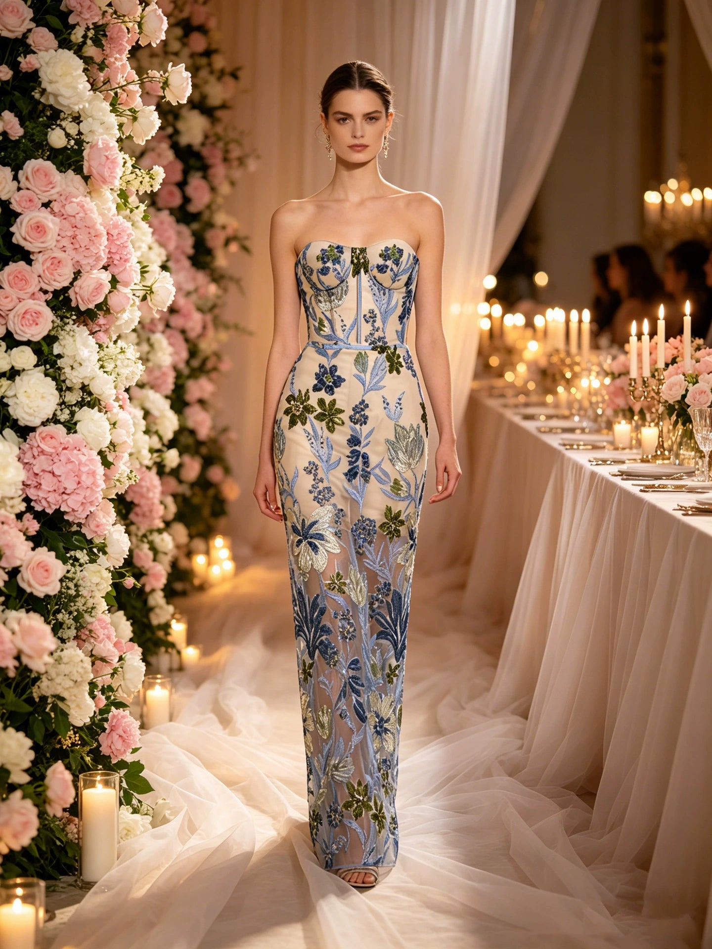 Blue Floral Embroidered Strapless Tulle Maxi Dress