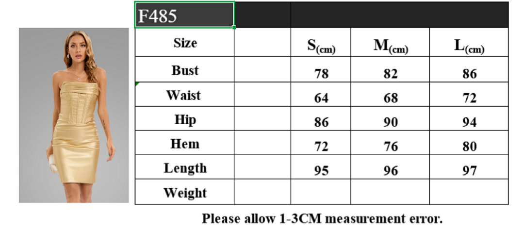 gold satin strapless bodycon mini dress for women size chart measurement guide