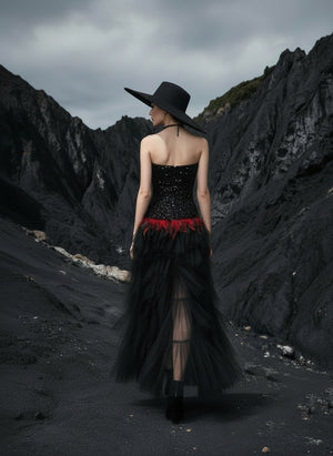Back View of Black Gothic Organza Evening Gown