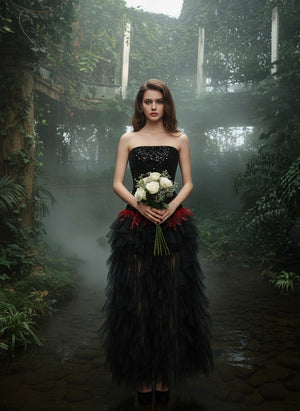 Model Wearing Gothic Romantic Sequin Maxi Dress with Bouquet