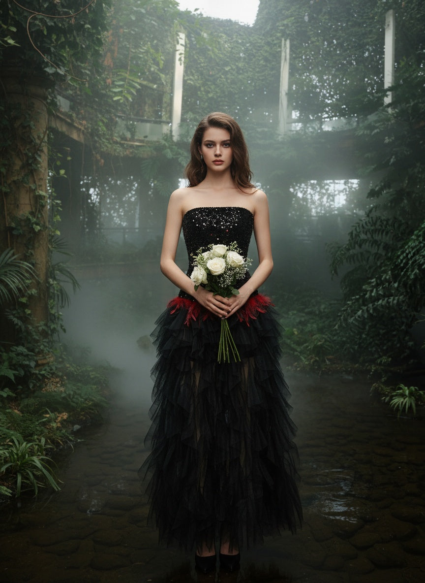 Model Wearing Gothic Romantic Sequin Maxi Dress with Bouquet