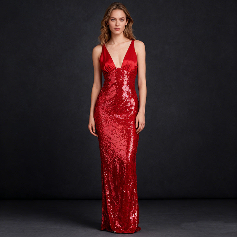 Deep V Halter Sequin Mermaid Maxi Gown
