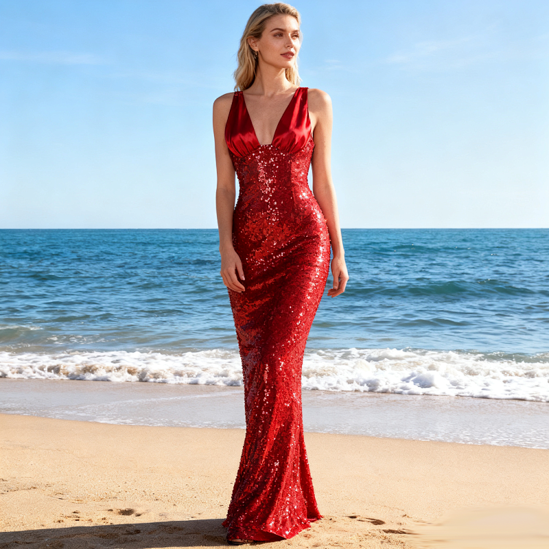 deep v halter sequin mermaid gown for women side profile view on model