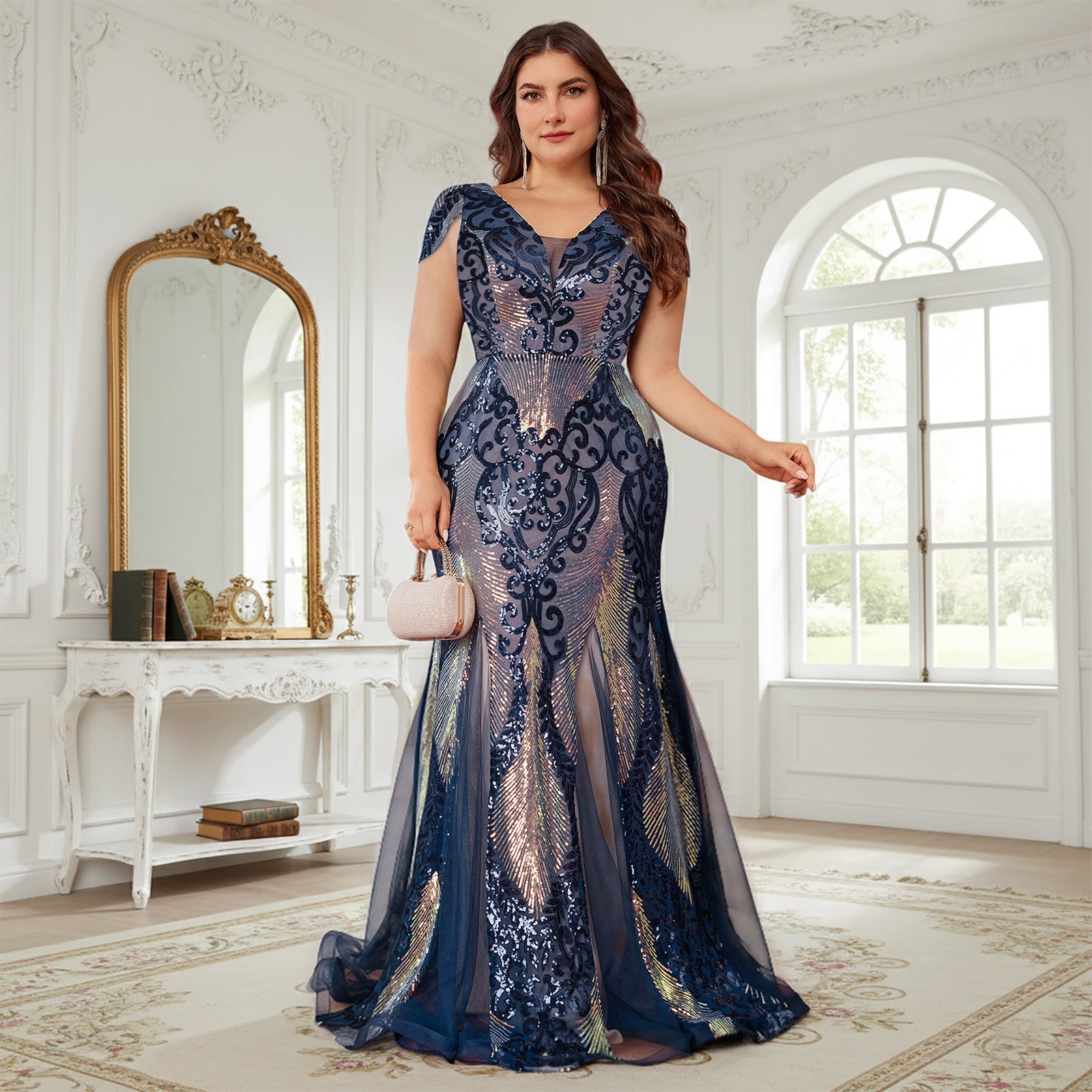Model Wearing Plus Size Navy Blue Sequin Formal Dress