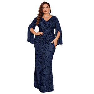 Plus size navy blue sequin mermaid evening gown with V-neck bell sleeves - front view