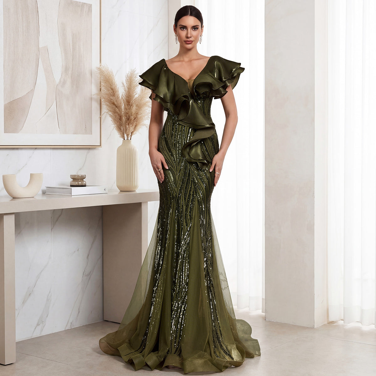 Model Wearing Olive Green Off-Shoulder Ruffle Sequin Evening Gown