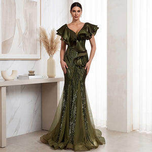 Model Wearing Olive Green Off-Shoulder Ruffle Sequin Evening Gown