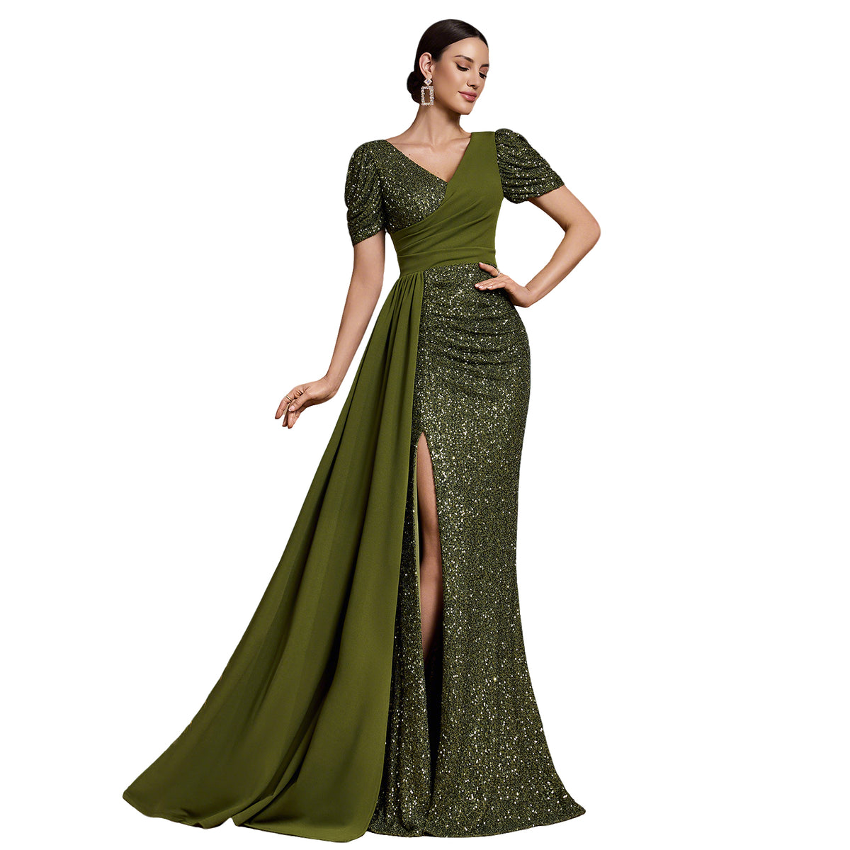 Olive Green Sequin Puff Sleeve V-Neck Slit Mermaid Evening Dress Front View