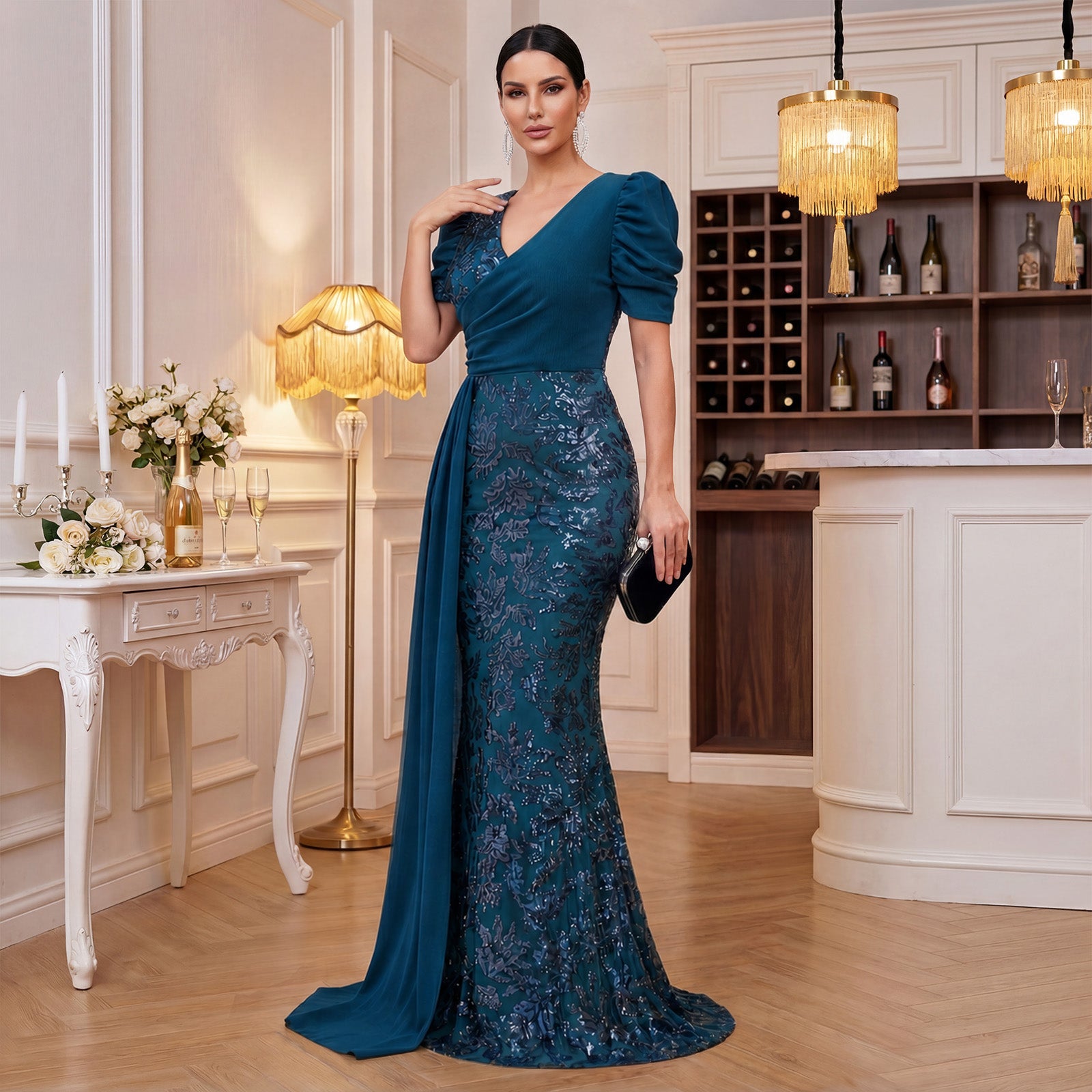 Peacock Blue Mermaid Evening Dress Featuring Side Cascade Drape