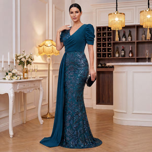 Peacock Blue Mermaid Evening Dress Featuring Side Cascade Drape