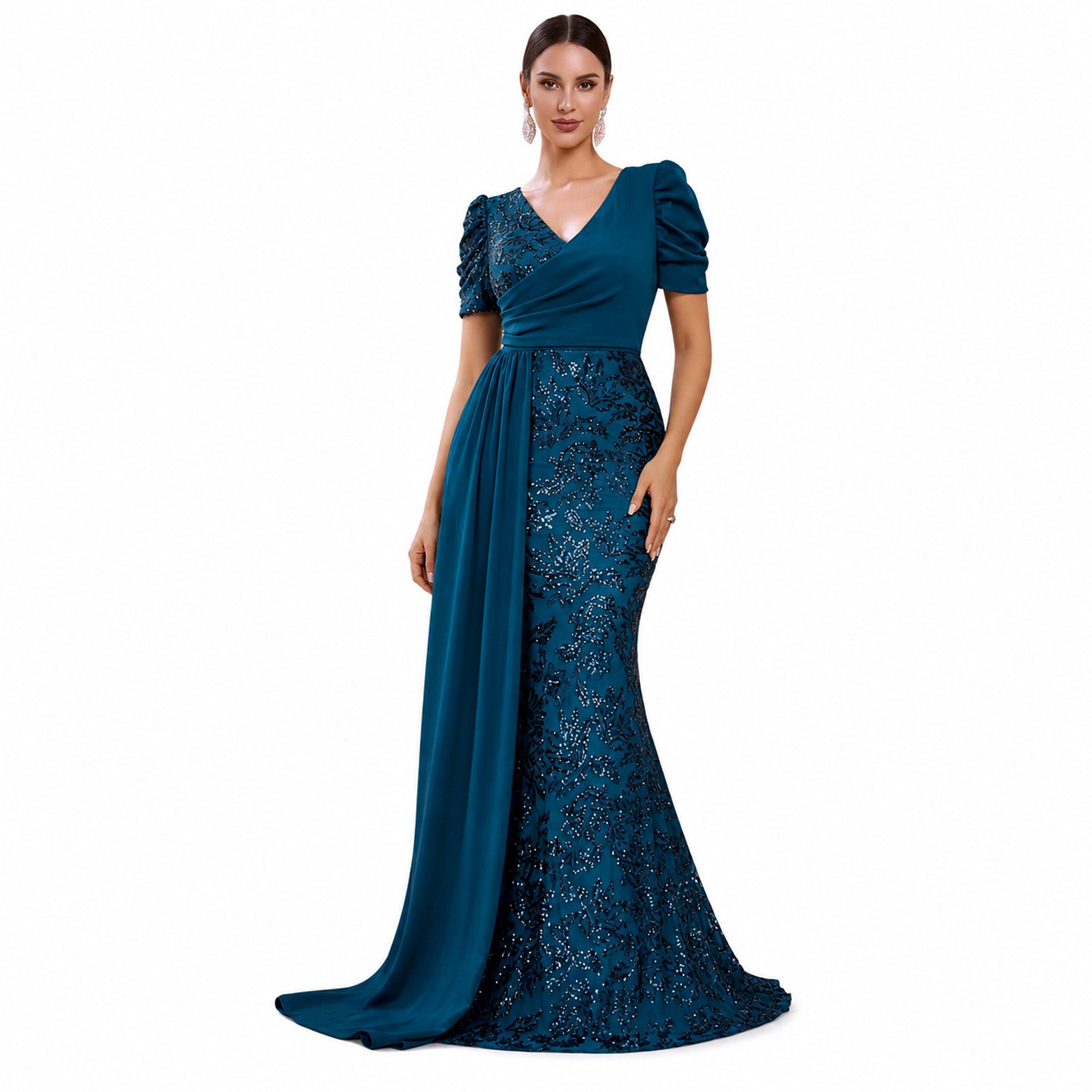 Peacock Blue V-Neck Sequin Mermaid Evening Dress Front View