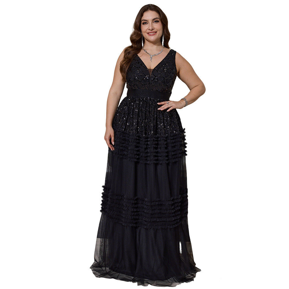Plus size black sequin tiered tulle evening gown front view