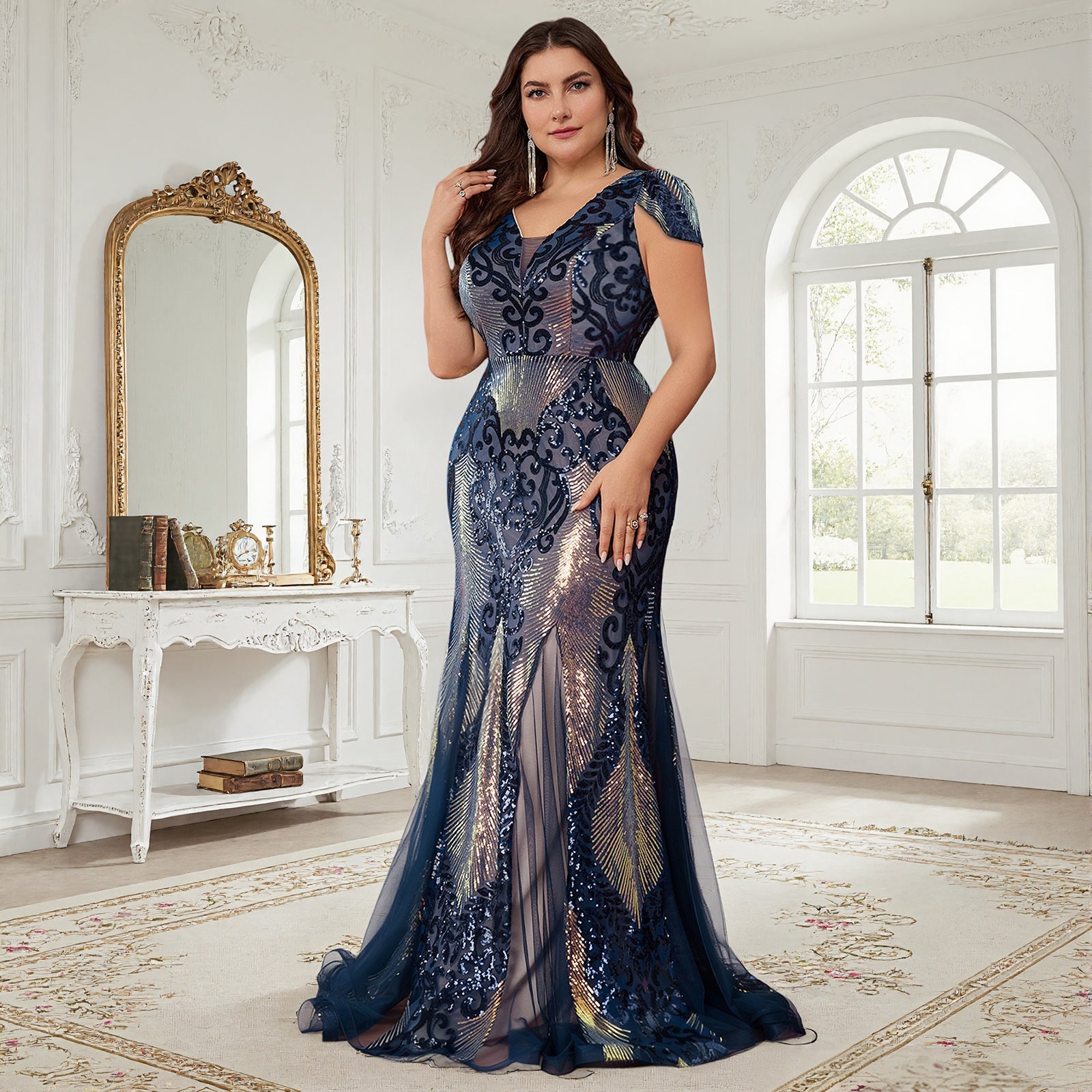 V-Neck Plus Size Navy Gold Sequin Mermaid Dress