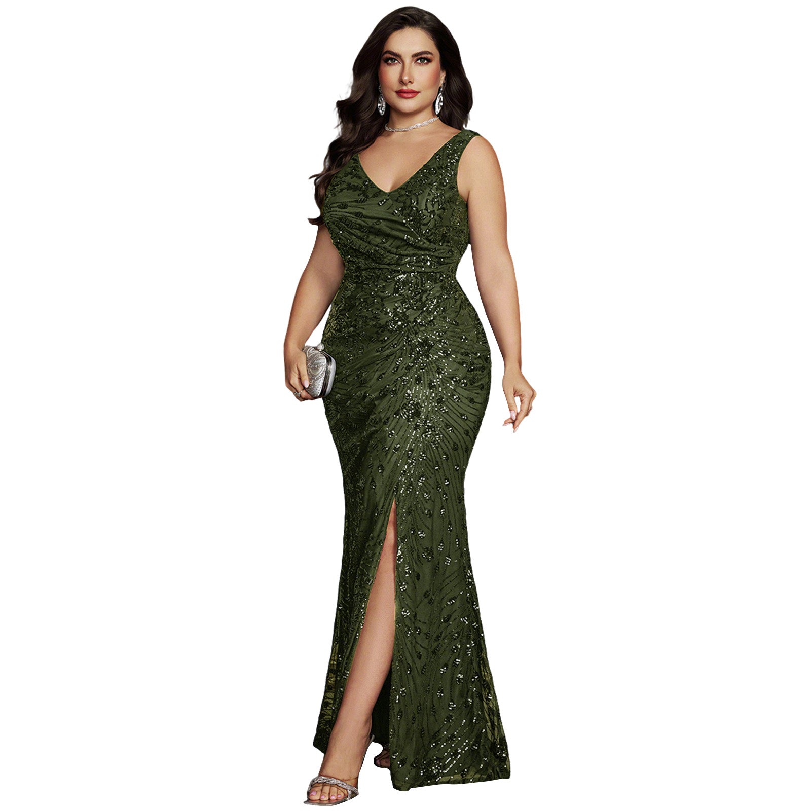 Plus size emerald green sequin mermaid gown front view