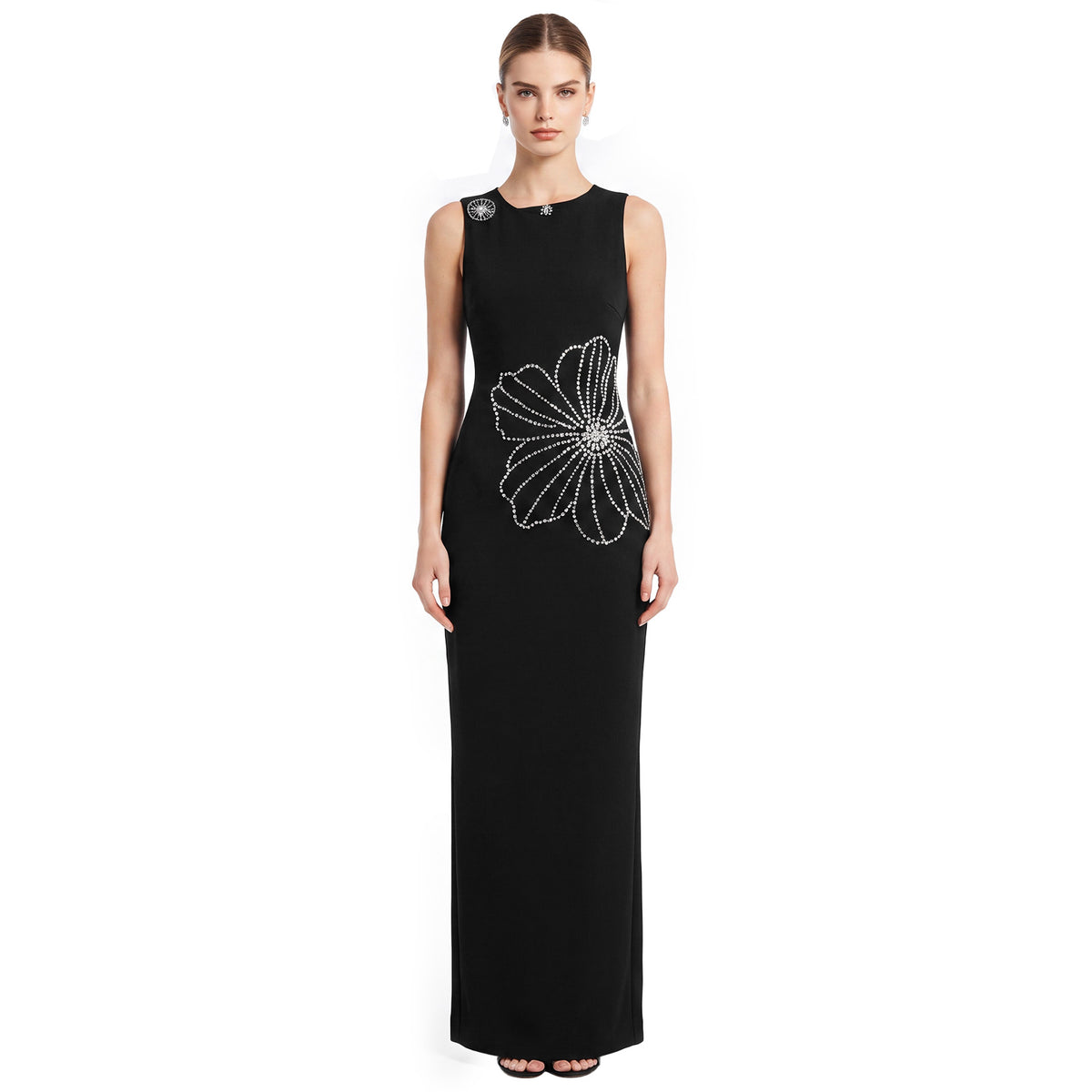 Black Sleeveless Rhinestone Flower Bodycon Maxi Dress Front View